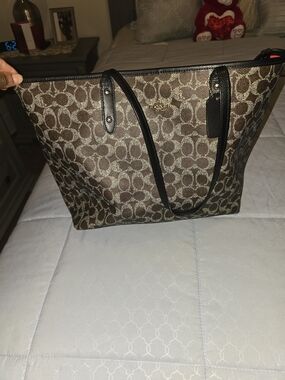 Coach Brown Signature Canvas Tote with Black Handles